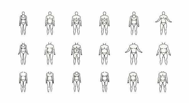 Variety of human body types illustrated in a simple outline style