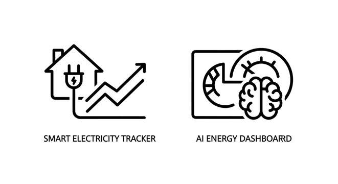 Smart electricity tracker and AI energy dashboard icons with electricity