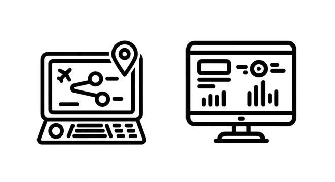 Laptop strategy map and desktop data analysis icons with strategy, computer