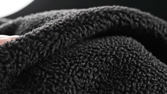 Closeup of Soft Black Sherpa Fabric Texture with Gentle Hand Touch.