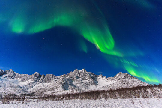 View of vibrant green aurora borealis dancing across a dark blue sky over rugged, snow-capped mountains and a white winter landscape, Mefjordvaer, Troms, Norway.