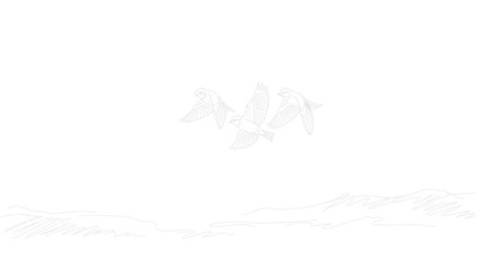 Obraz premium Minimalist, monochromatic landscape, simple hills, birds silhouette, white background, vector illustration
