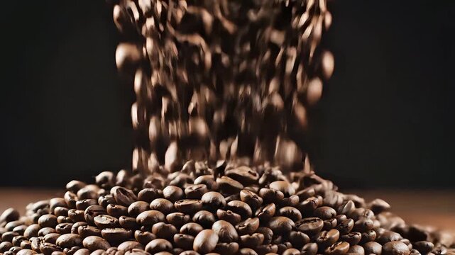 Closeup shot of roasted coffee beans falling onto a pile.