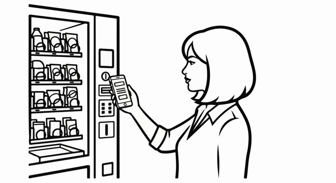 Woman uses smartphone to pay for items from a vending machine