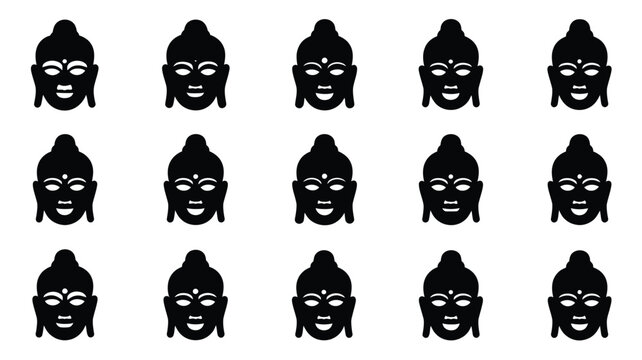 Buddha face silhouettes icons different angles smiling meditation spirituality symbols