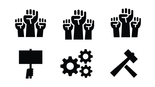 May day workers solidarity icon bundle with raised fists gears hammer and protest sign on white background