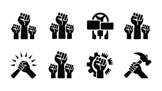 May day worker solidarity icons set fists and tools for labor rights and unity themes