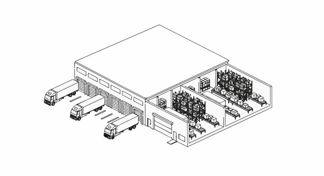 Warehouse with loading docks and interior shelving filled with boxes