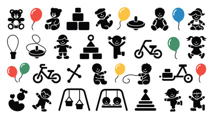 Obraz premium Black and white clipart bundle featuring children playing with toys and balloons on white background