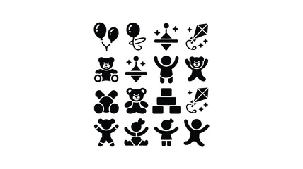 Obraz premium Black vector icons of children toys and celebrations on white background for design