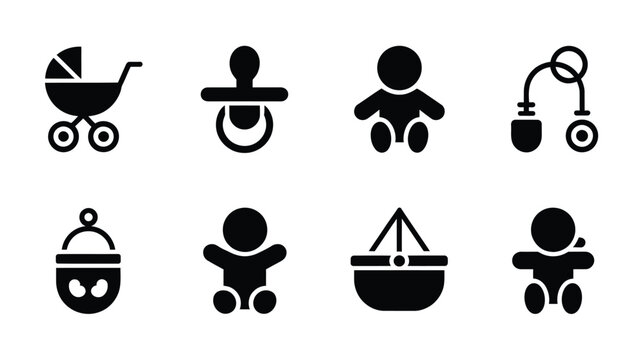 Black silhouette baby and toddler icon bundle with stroller pacifier and toys on white background
