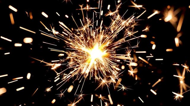 Static shot of a yellow and orange sparkler from above with a black background.