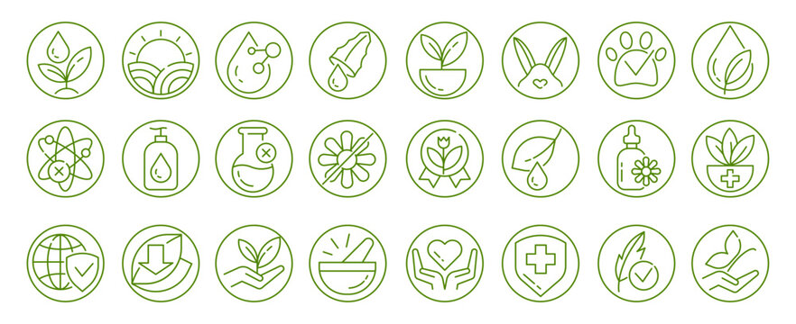 Green eco beauty badges set, round organic labels with natural cosmetic icons, Skincare wellness