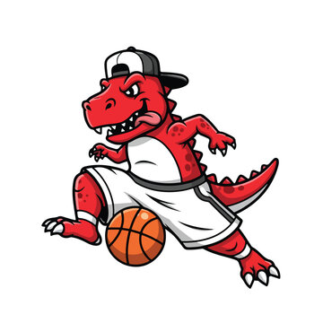 A cartoon red dinosaur mascot wearing a backwards baseball cap and basketball shorts dribbles a basketball with enthusiasm against a white background