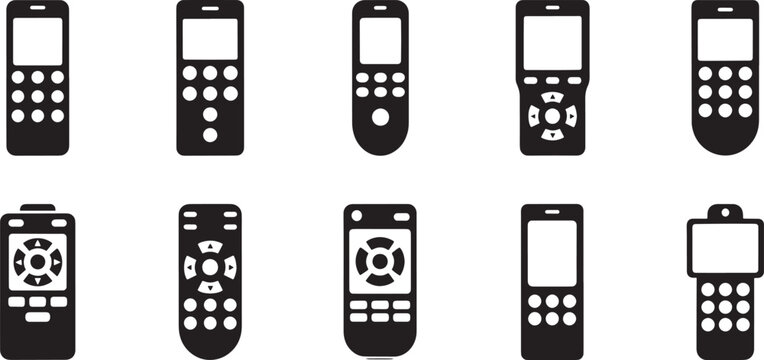 Collection of ten black remote control with various button layouts television remote controller gadget