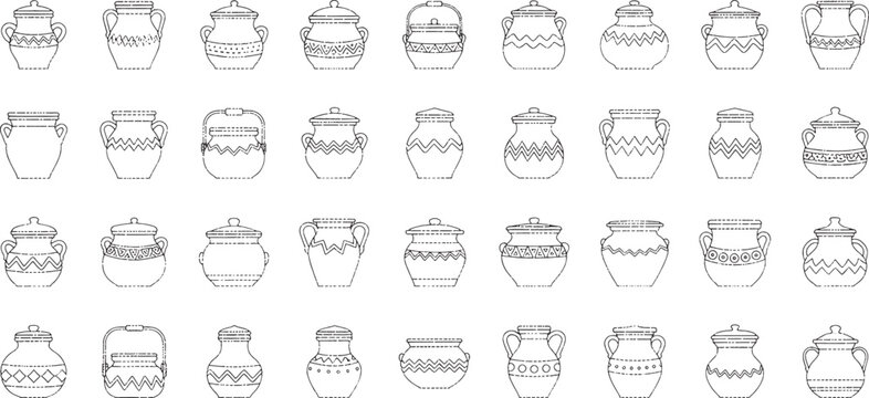 Collection of black and white line of various ancient pottery vessels ceramic vase amphora