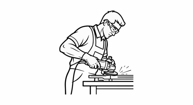 Worker in protective gear grinds metal on a workbench, creating sparks