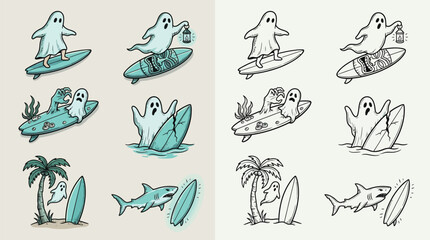 Obraz premium A collection of playful ghost surfing illustrations, featuring ghosts riding surfboards, interacting with sharks, and enjoying a tropical beach scene with palm trees.