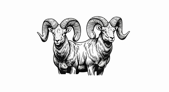 Two rams with massive curved horns stand side-by-side