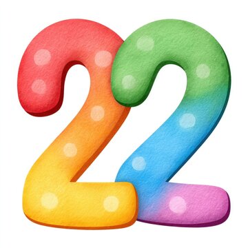 Vibrant watercolour cartoon number 22 twenty-two with white background for children's educational design