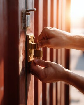 Close-up of hands opening a brass lock on a corrugated metal door.