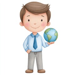 Fototapeta premium Whimsical school teacher holding globe cartoon design for educational themes and classroom decor on white background