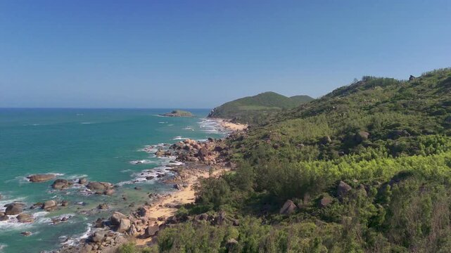 Aerial Drone Footage Rocky Coastal Headland Tan Phuong Phu My Binh Dinh Province Turquoise Sea Vietnam