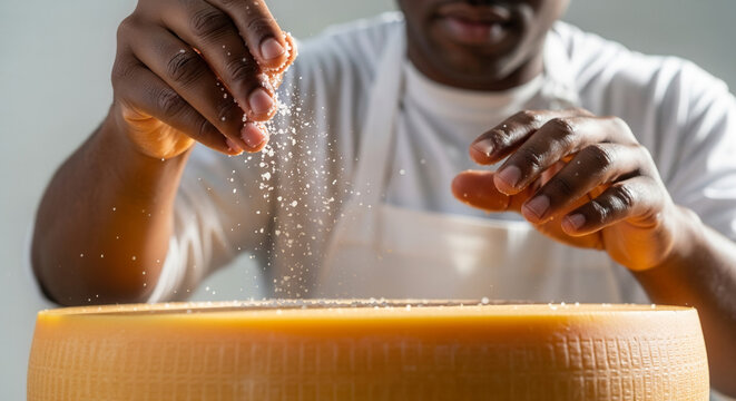 African-American male cheesemaker salting cheese wheel in dairy production, artisan food and culinary craft