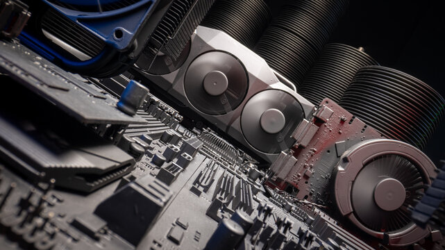 Working motherboards and graphic card (GPU) on board.