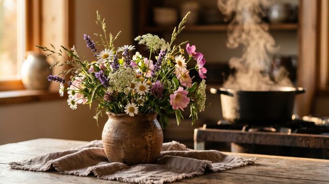 Wildflower bouquet steaming kitchen background on rustic wooden table