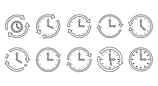 Collection of Analog Clocks Showing Different Times in a Row.