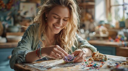 Fototapeta premium Woman crafting a flower with colorful materials