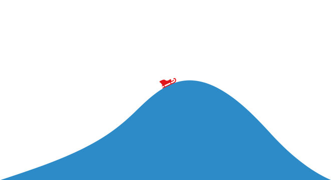Minimalist illustration of a red sled perched atop a snowy blue hill against a stark white background