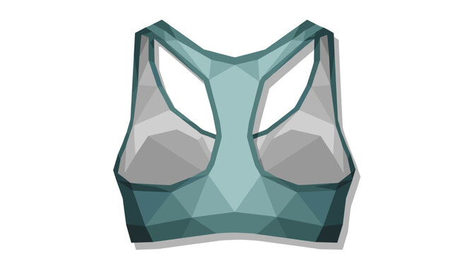 Geometric illustration of a sports bra in back view with teal and gray polygonal design on a white background