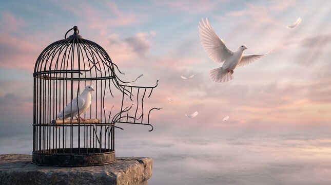 Soaring Spirit: A white dove escapes from an open cage against a beautiful sky, symbolizing freedom and hope.