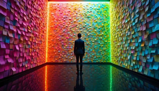 Futuristic rainbow-colored room with vibrant illuminated wall panels in a spectrum of colors and a reflective glossy floor, featuring a lone person standing in the center