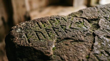 Obraz premium Stone carving weathered with moss and lichen in rustic interior