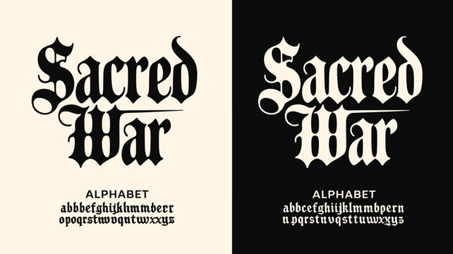 Sacred war decorative font design with alphabet examples in contrasting colors
