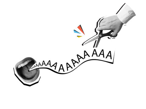 A hand cuts the scream coming from the mouth with scissors. Modern collage style. Illustration on a transparent background