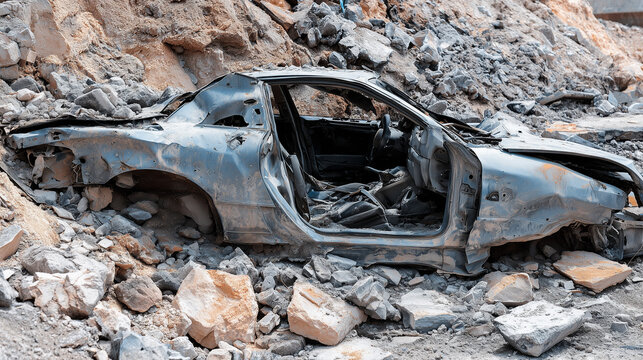 Crushed and abandoned car wreck buried in rubble at a demolition or disaster site.