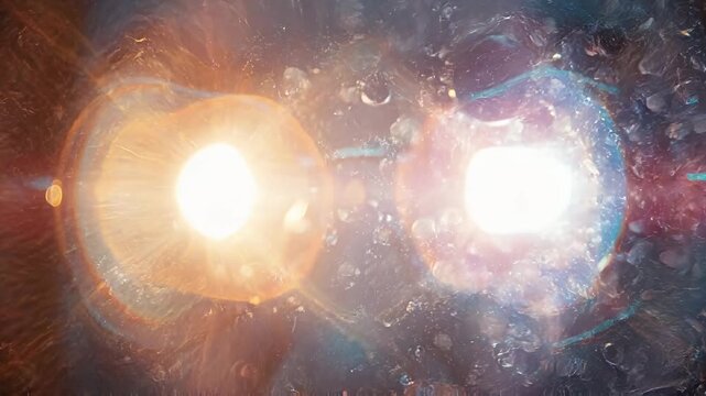 First-person cinematic view of someone living with autoimmune uveitis, vision heavily blurred and warped, city lights diffused into soft glowing halos, subtle distortion and light sensitivity