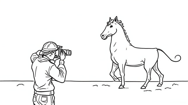 Man taking picture of horse with camera outdoors in daytime