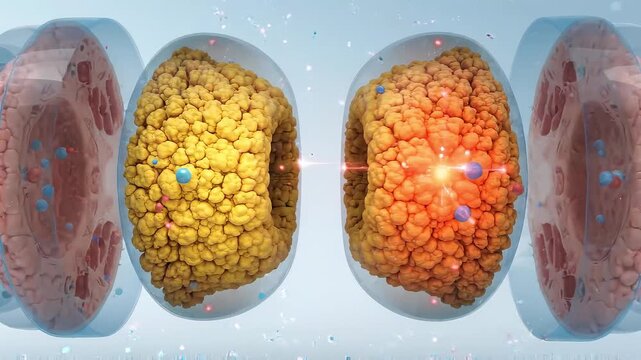 A medical video illustrating the stages of autoimmune uveitis: eye anatomy, clinical imagery in blue and white tones, and transparent layers showing areas of inflammation in the uveal tract