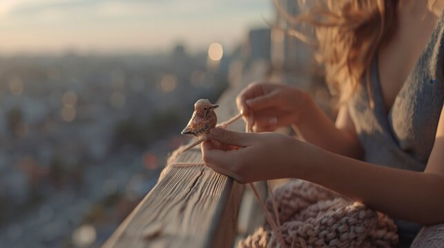 Woman holding a small bird figurine with knitting supplies