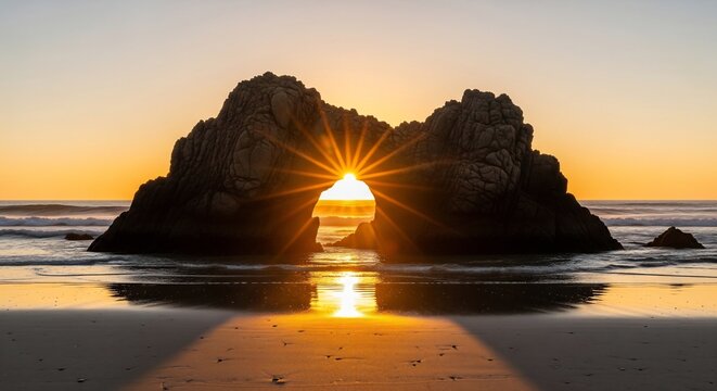 Breathtaking sunset sunstar glowing through a natural rock arch on a s