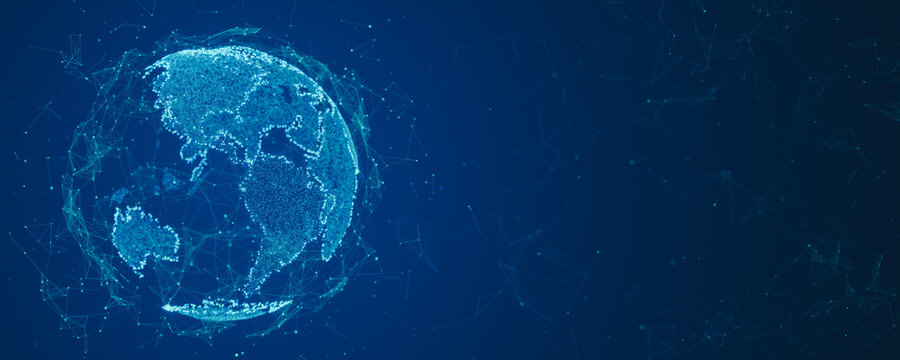 Digital globe visualization highlighting North and South America with glowing data points and network lines, representing global connectivity, communication systems. 3D rendering.