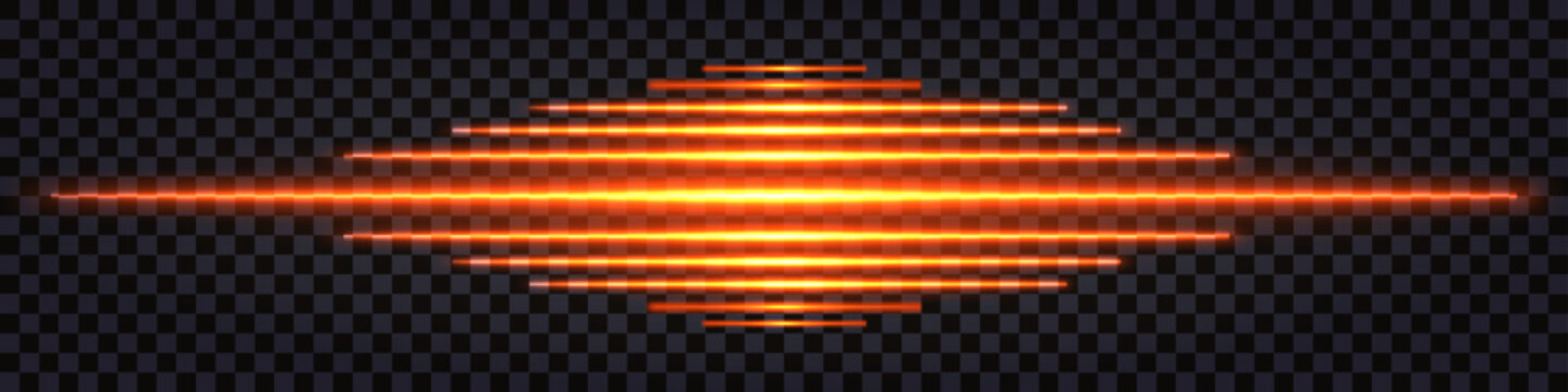 Fiery red laser glowing lines, light effect, futuristic sci fi shiny beams. Border design element, separator, divider for web. Vector isolated, on dark transparent background