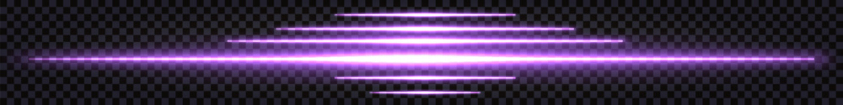 Laser neon glowing beams, border lines for design. Glowing light effect. Purple  shimy synthwave style lumiouns lines. Isolated vector illustration on dark transparent background