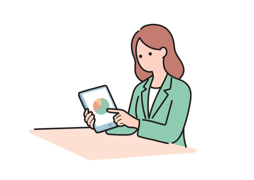 タブレットで円グラフを確認する女性のイラスト 線あり アウトライン ベクター
