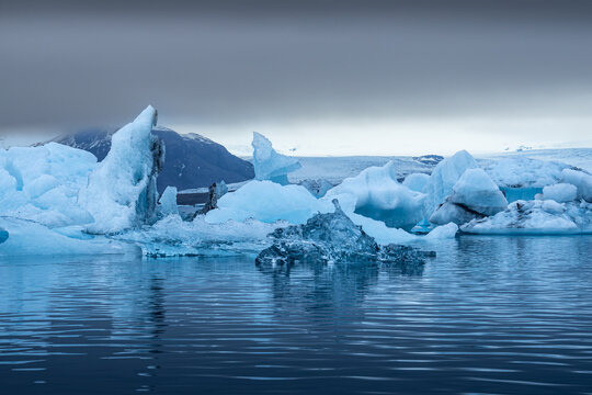 View of icy blue glaciers float serenely on the still water, reflecting the muted sky in Glacier Lagoon, Sveitarfelagid Hornafjordur, Iceland.